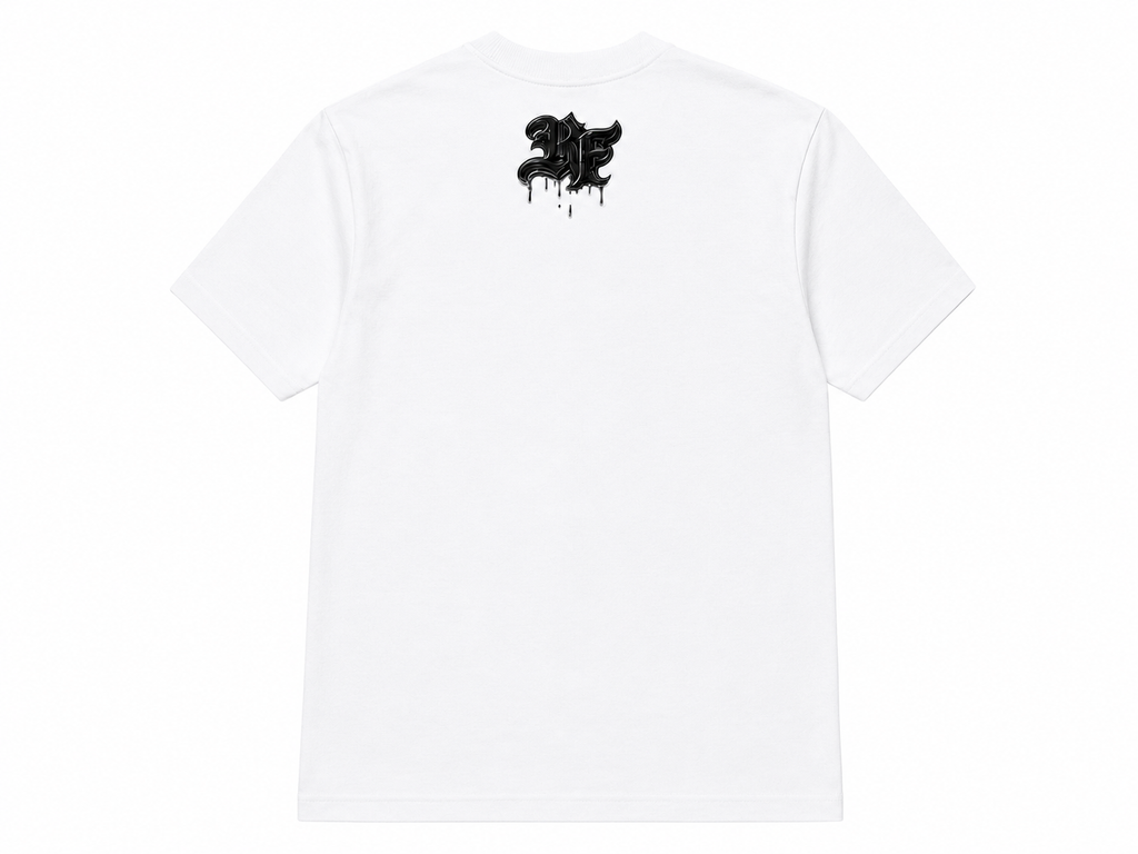 White t-shirt with a black RF logo on a white background