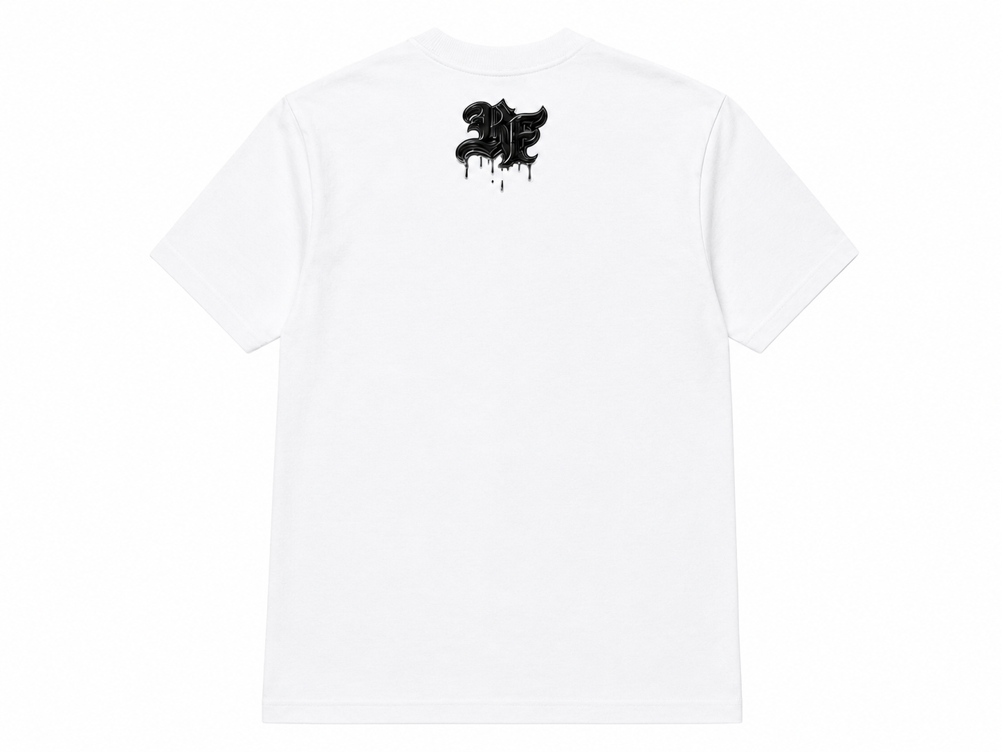 White t-shirt with a black RF logo on a white background