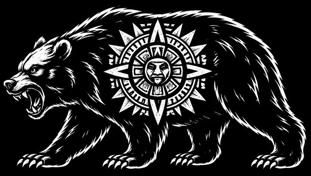 Black and white illustration of a bear with a sun and face design on its chest against a black background.