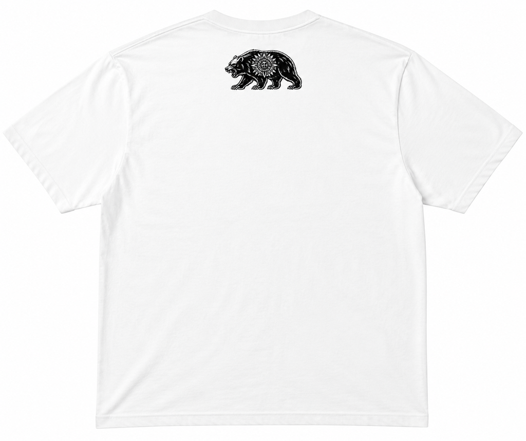 White t-shirt with a black bear design on the back against a white background