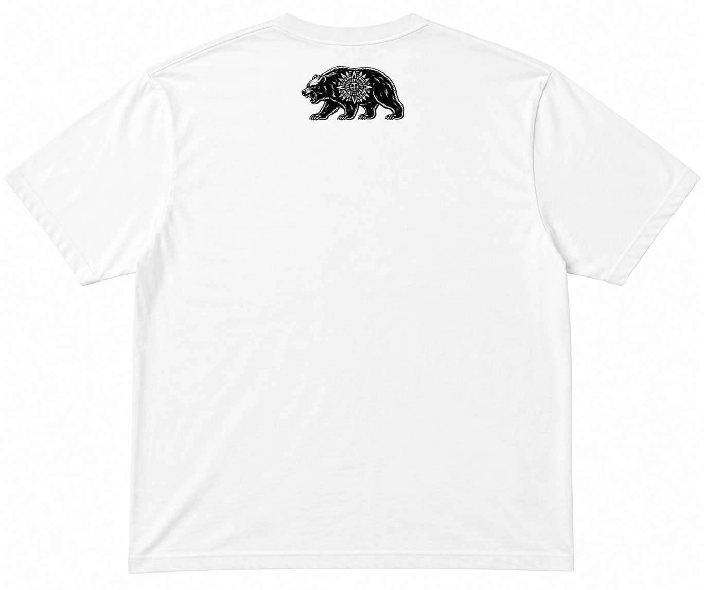 White t-shirt with a black bear design on the back against a white background
