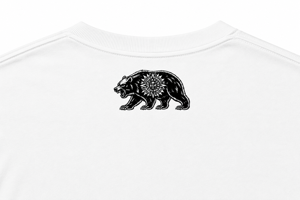 California bear with a Aztec sun in the middle over a white t-shirt