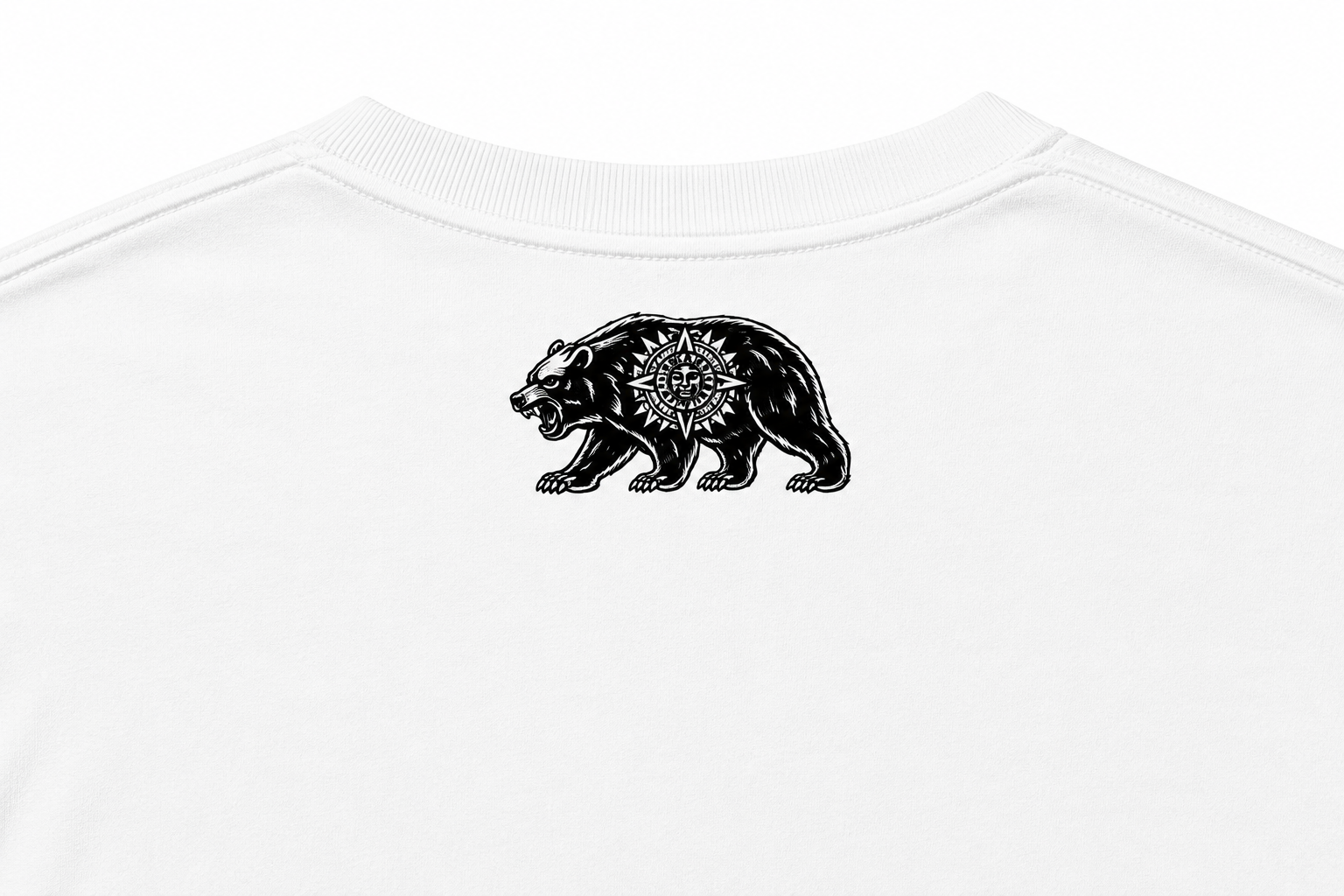 California bear with a Aztec sun in the middle over a white t-shirt