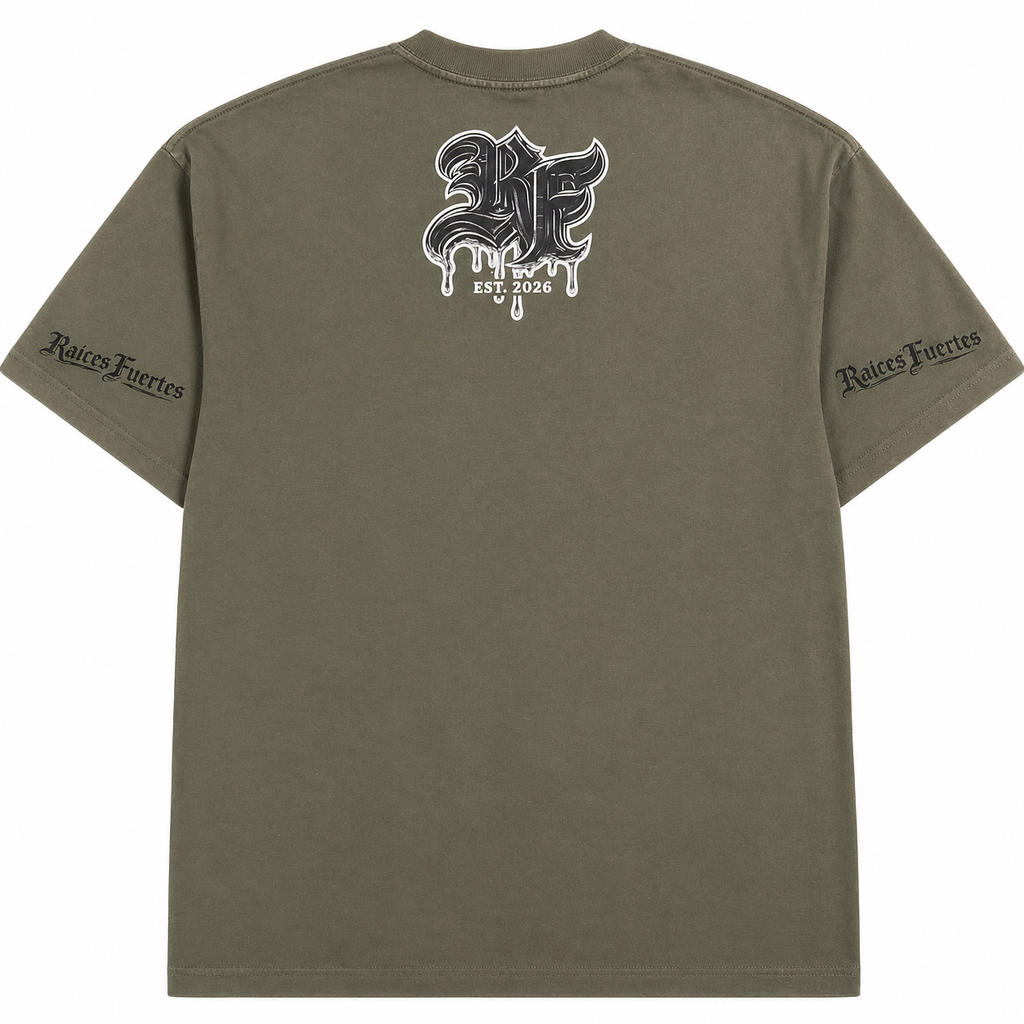 Green t-shirt with black and white RF for Raices Fuertes