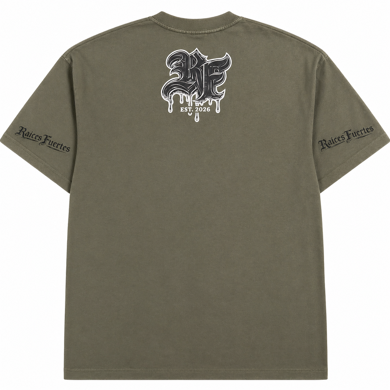 Green t-shirt with black and white RF for Raices Fuertes