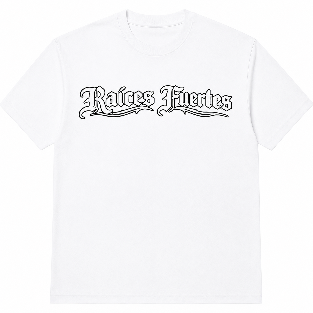 White t-shirt with 'Raices Fuertes' text on a white background with a black outline.